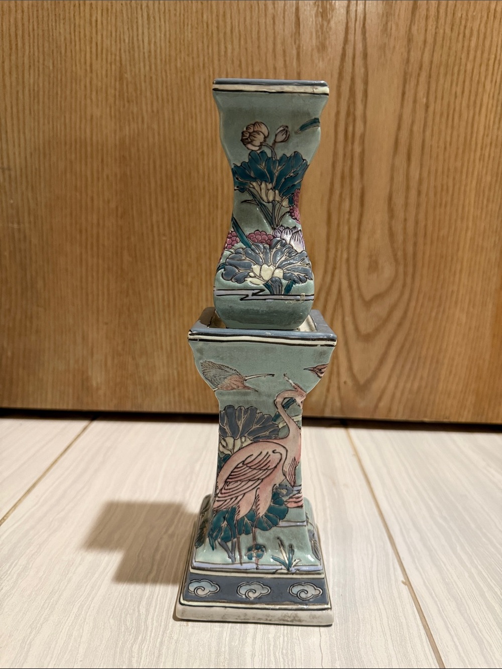 Pair of Hand-Painted Ceramic Crane Pillar in Seafoam Green